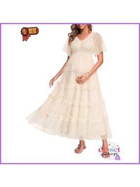Maternity Maxi Dress Smocked Bodice Flutter Sleeve Baby Shower Photoshoot A-Line